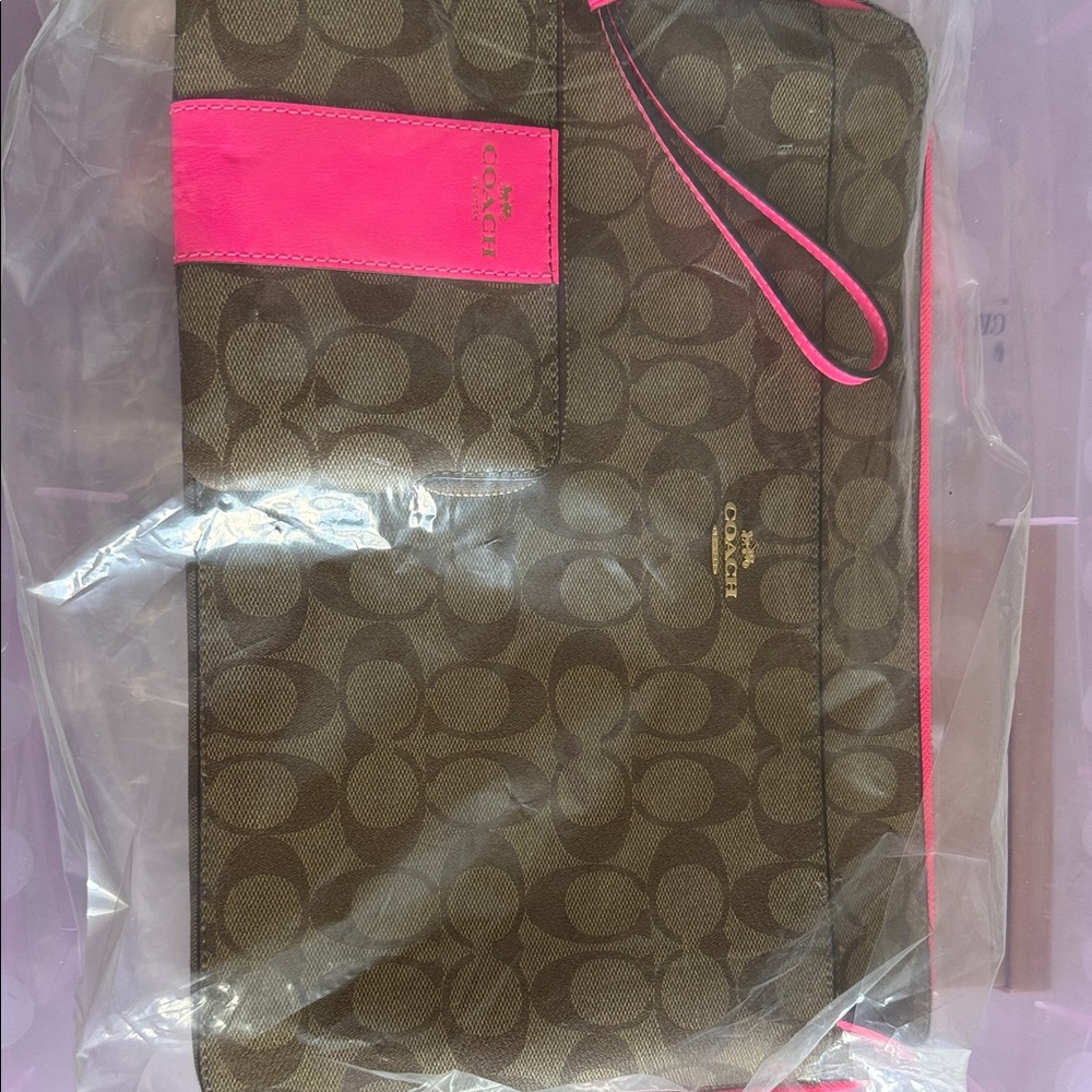 Coach Brown Signature Canvas Wristlet with Hot Pink Trim and laptop bag